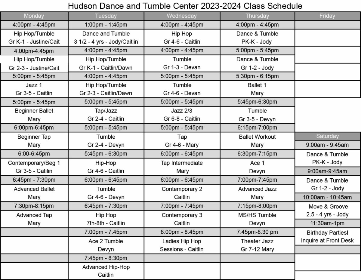 Schedule Hudson Dance & Tumble Center